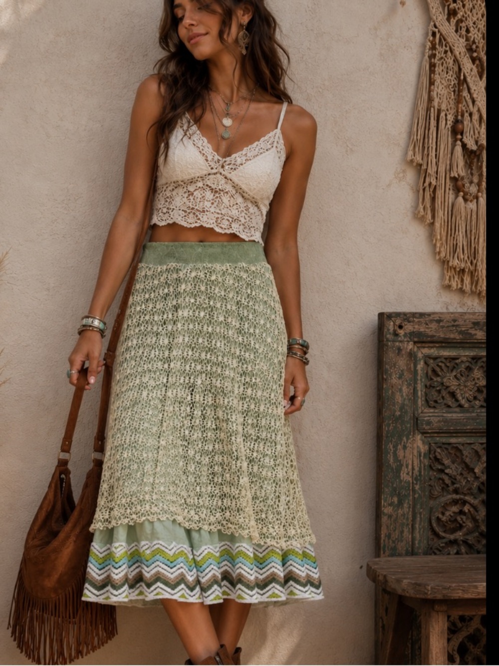 Lapis‎ Womens Crochet Layered Midi Skirt Sz M Boho Hippie Earthy Peasant Cottage